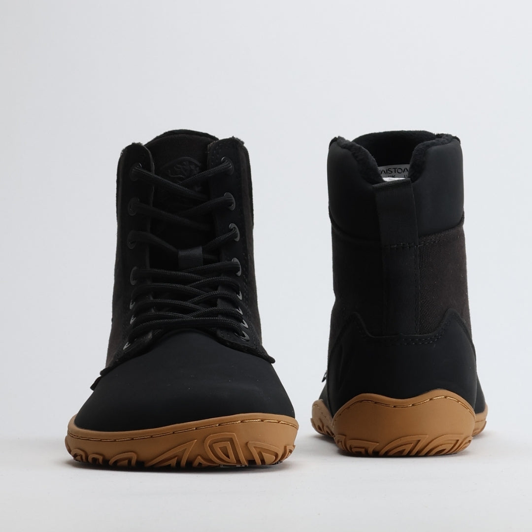 Pair of black barefoot winter boots shown from the front and back on a light gray background.