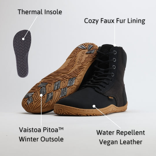 Infographic of black barefoot winter boots highlighting key features such as water-resistant surface, warm faux fur lining, flexible zero-drop sole, and wide anatomical toe box for natural comfort and movement.