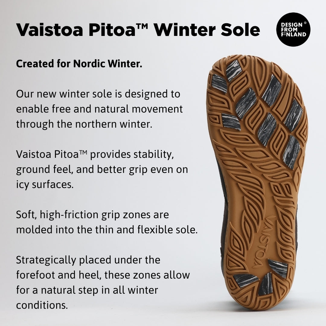 Infographic of black barefoot winter boots highlighting the Vaistoa Pitoa™ winter sole with grip zones for better traction, flexibility, and stability on icy surfaces.