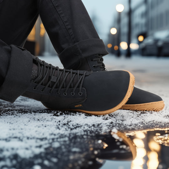 Black barefoot winter boots worn while sitting in an evening city setting, highlighting their stylish design, flexibility, and natural barefoot comfort.