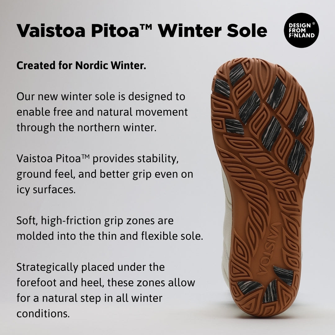 Infographic of off white barefoot winter boots highlighting the Vaistoa Pitoa™ winter sole with grip zones for better traction, flexibility, and stability on icy surfaces.