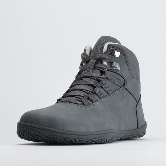 Single frost gray barefoot hiking boot shown from a front angle on a light gray background.