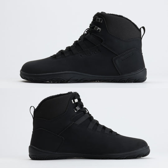 Black barefoot hiking boot showing a flat zero-drop sole from medial and lateral angles on a light gray background.