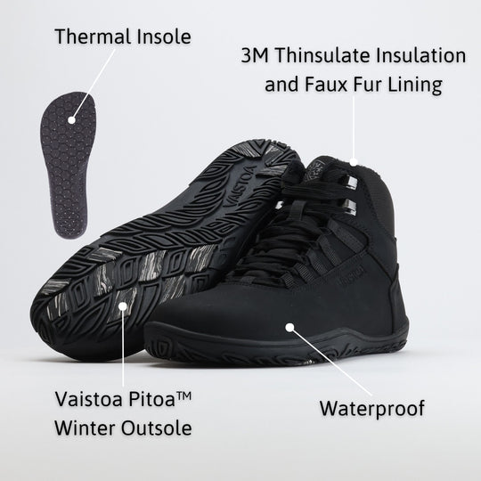 Infographic of black barefoot hiking boots highlighting key features such as waterproof design, warm lining, flexible sole, and wide anatomical toe box.
