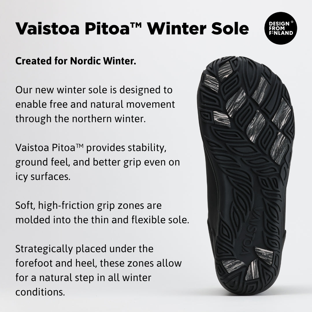 Infographic of black barefoot hiking boots highlighting the Vaistoa Pitoa™ winter sole with visible grip zones for better traction on icy surfaces.