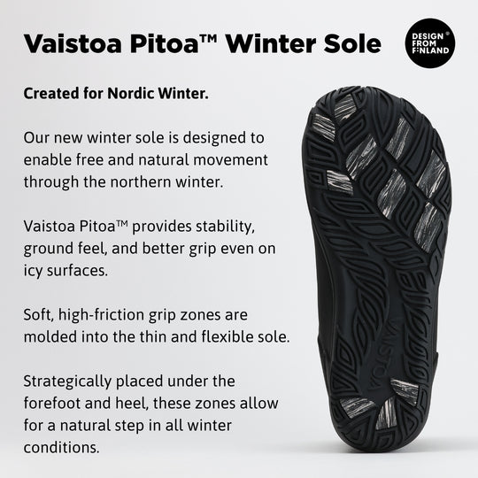 Infographic of black barefoot hiking boots highlighting the Vaistoa Pitoa™ winter sole with visible grip zones for better traction on icy surfaces.