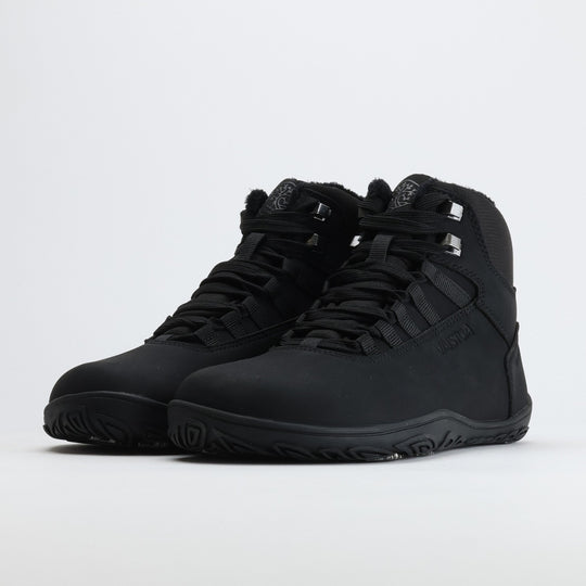 Pair of black high-top barefoot hiking boots shown from a front angle on a light gray background.