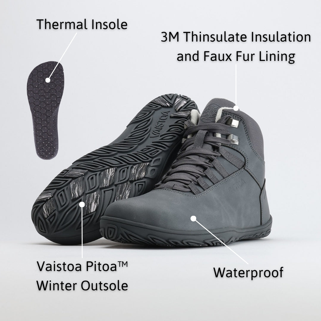 Infographic of frost grey barefoot hiking boots highlighting key features such as waterproof construction, warm lining, flexible sole, and wide anatomical toe box for natural comfort and movement.
