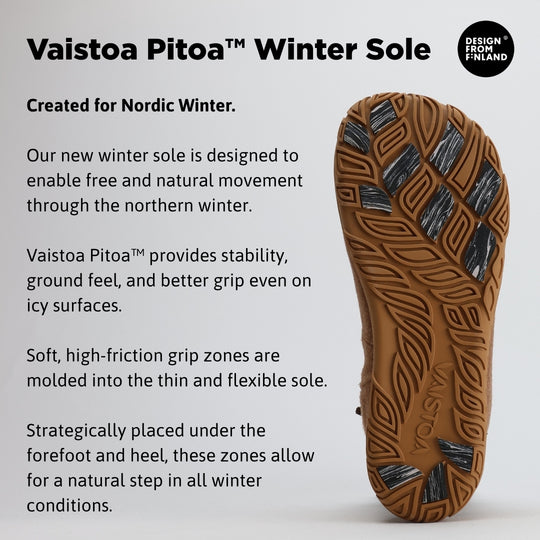 Infographic of roasted almond barefoot winter felt Chelsea boots highlighting the Vaistoa Pitoa™ winter sole with grip zones for better traction, flexibility, and stability on icy surfaces.