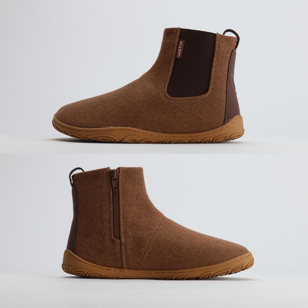 Roasted almond barefoot winter felt Chelsea boots shown from medial and lateral angles, highlighting the flat zero-drop sole that supports natural posture and balance.