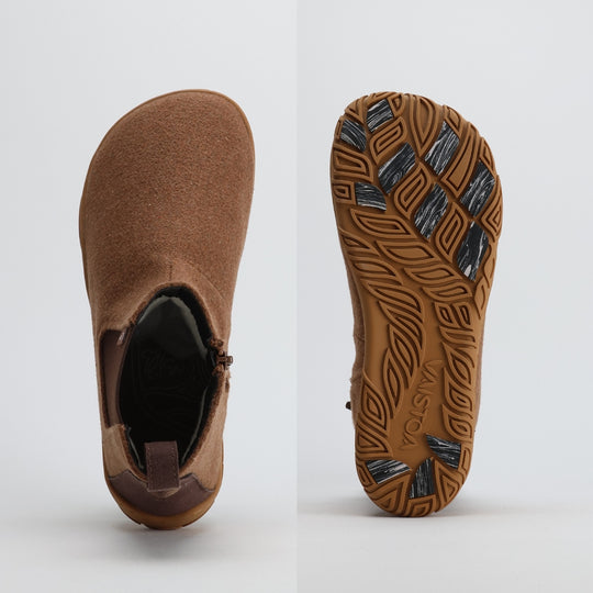 Roasted almond barefoot winter felt Chelsea boot showing a wide anatomical toe box that follows the natural shape of the foot, allowing toes to spread freely.