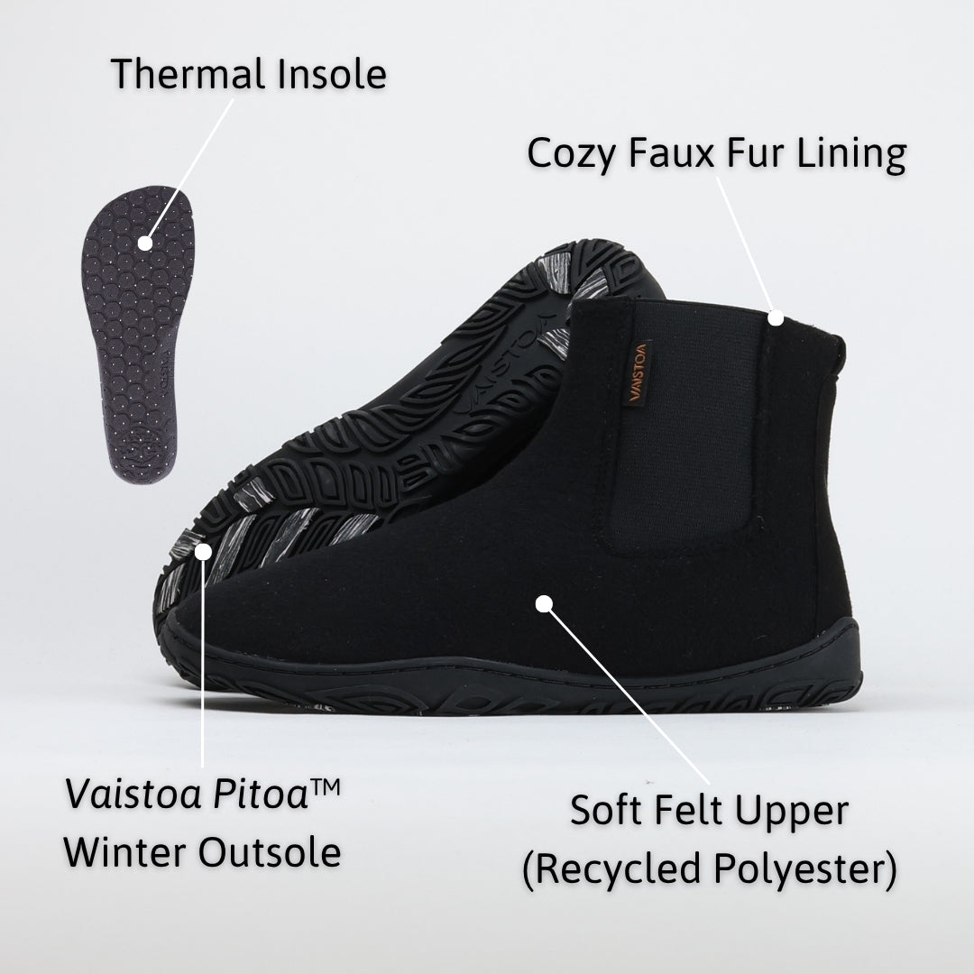 Infographic of velvet black barefoot winter felt Chelsea boots highlighting key features such as recycled felt upper, warm faux fur lining, flexible zero-drop sole, and wide anatomical toe box for natural comfort and movement.