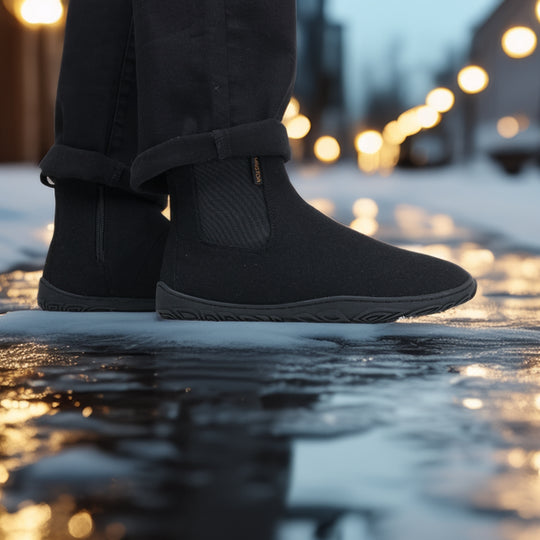 Velvet black barefoot winter felt Chelsea boots worn with black pants in a snowy winter setting, shown from the side to highlight their sleek design, natural movement, and barefoot flexibility.