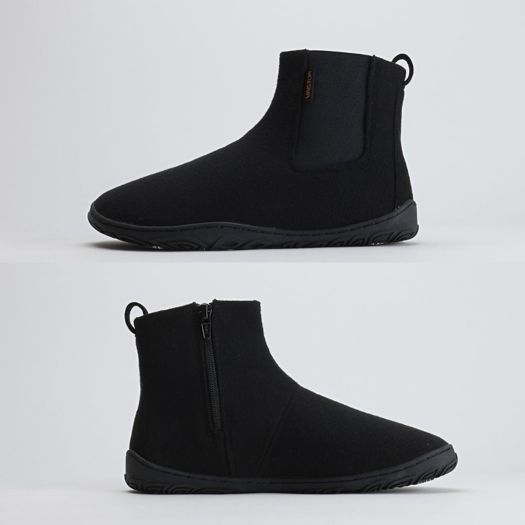 Velvet black barefoot winter felt Chelsea boots shown from medial and lateral angles, highlighting the flat zero-drop sole that supports natural alignment, posture, and barefoot movement.