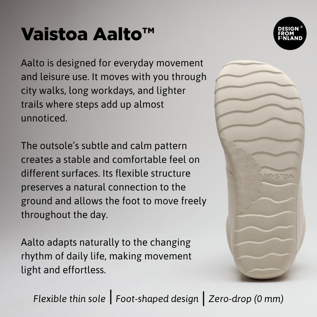 Vaistoa Huoleton barefoot hemp sneakers – natural hemp, infographic of the Vaistoa Aalto outsole showing the sole and text about the flexible thin sole, foot-shaped design and zero drop