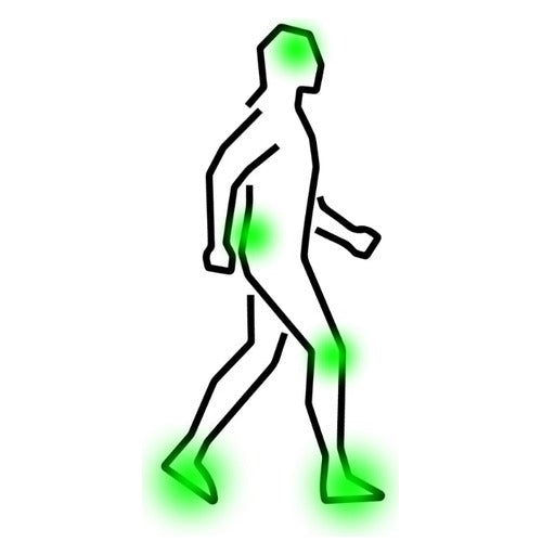 Person walking with green highlights rising from feet to head as strength builds