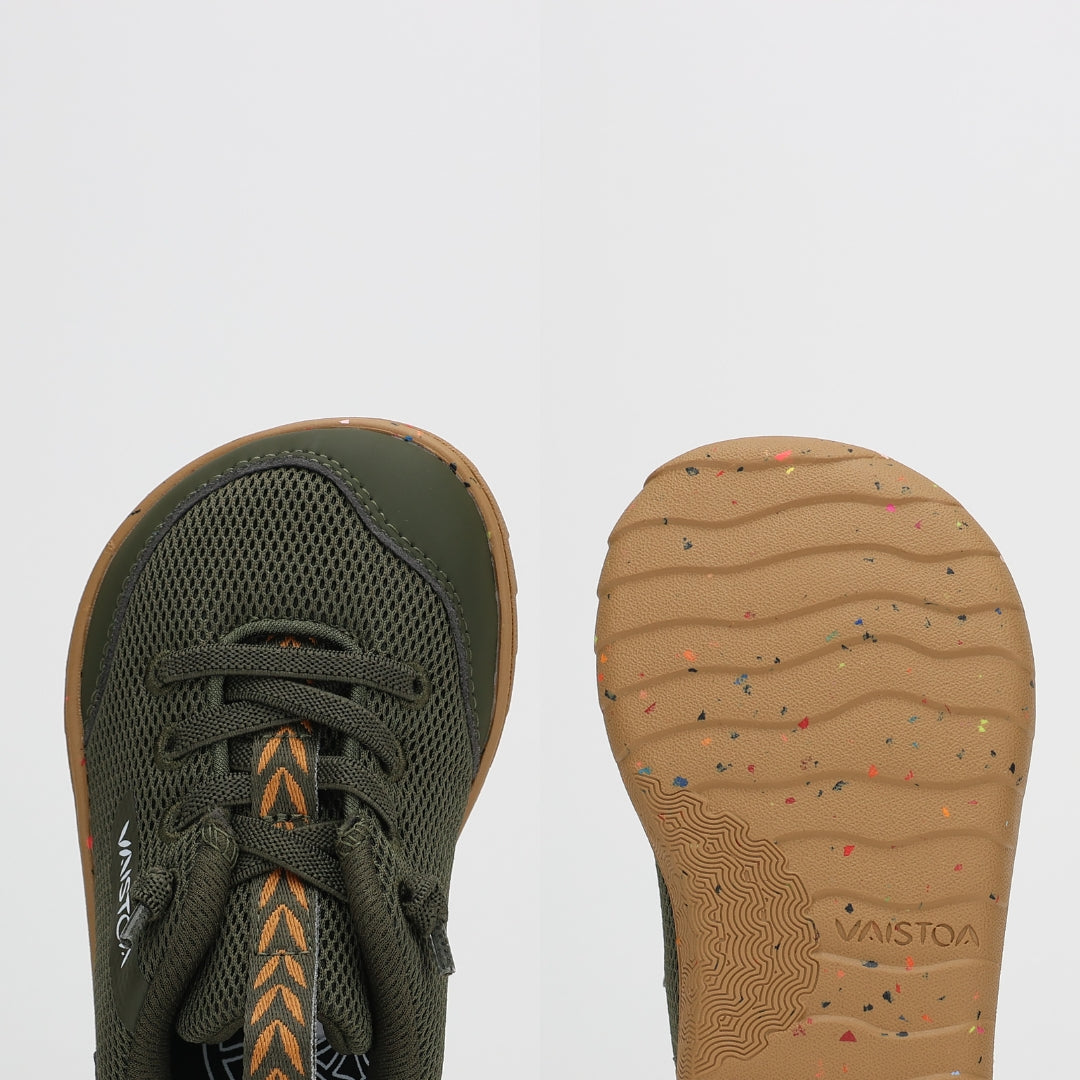 Vaistoa Kiva Kids Mesh Barefoot Sneakers Olive Foot Shaped Wide Toe Box