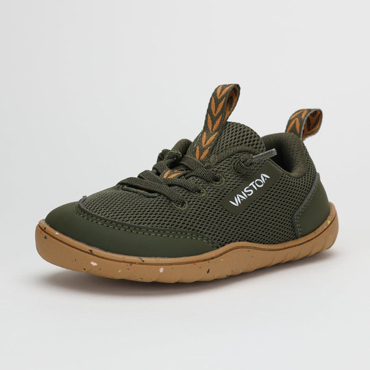 Vaistoa Kiva Kids Mesh Barefoot Sneakers Olive Front Diagonal View