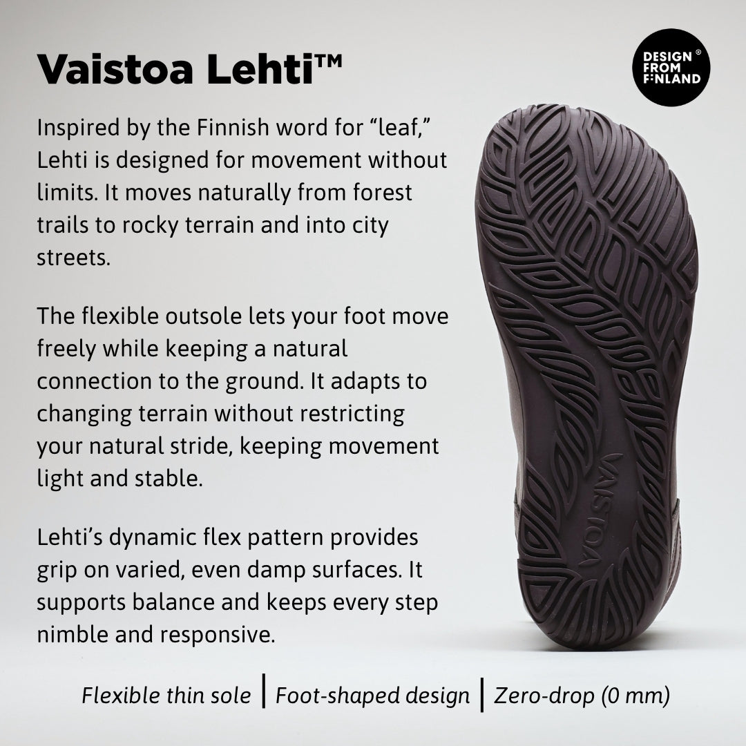 Vaistoa Uoma 2 barefoot trekking boots plum red – infographic of the Vaistoa Lehti™ outsole, showing the outsole and the Design from Finland mark. The text explains that Lehti is named after the Finnish word for leaf and designed for movement without limits, that the flexible outsole lets the foot move freely while keeping a natural connection to the ground, and that the flex pattern grips varied, even damp surfaces. Bottom row: flexible thin sole, foot-shaped design, zero-drop 0 mm