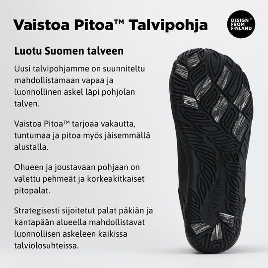 Infografiikka, jossa näkyy Uoma Talvi 3 -kengän rakenteen pääominaisuudet: vedenpitävä pinta, Thinsulate-eristys, karvavuori ja Vaistoa Pitoa™ -talvipohja.