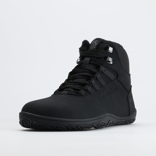 Single black high-top barefoot hiking boot shown from a front angle on a light gray background.