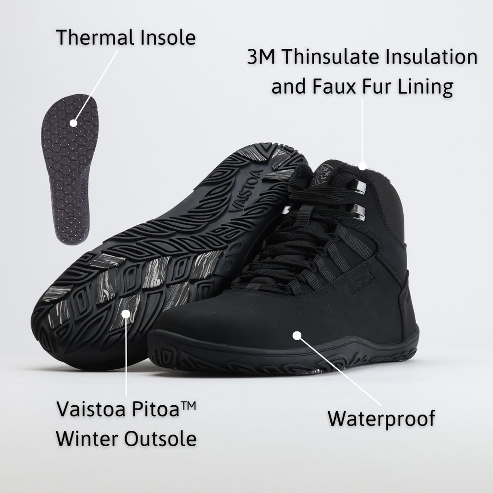 Infographic of black barefoot hiking boots highlighting key features such as waterproof design, warm lining, flexible sole, and wide anatomical toe box.