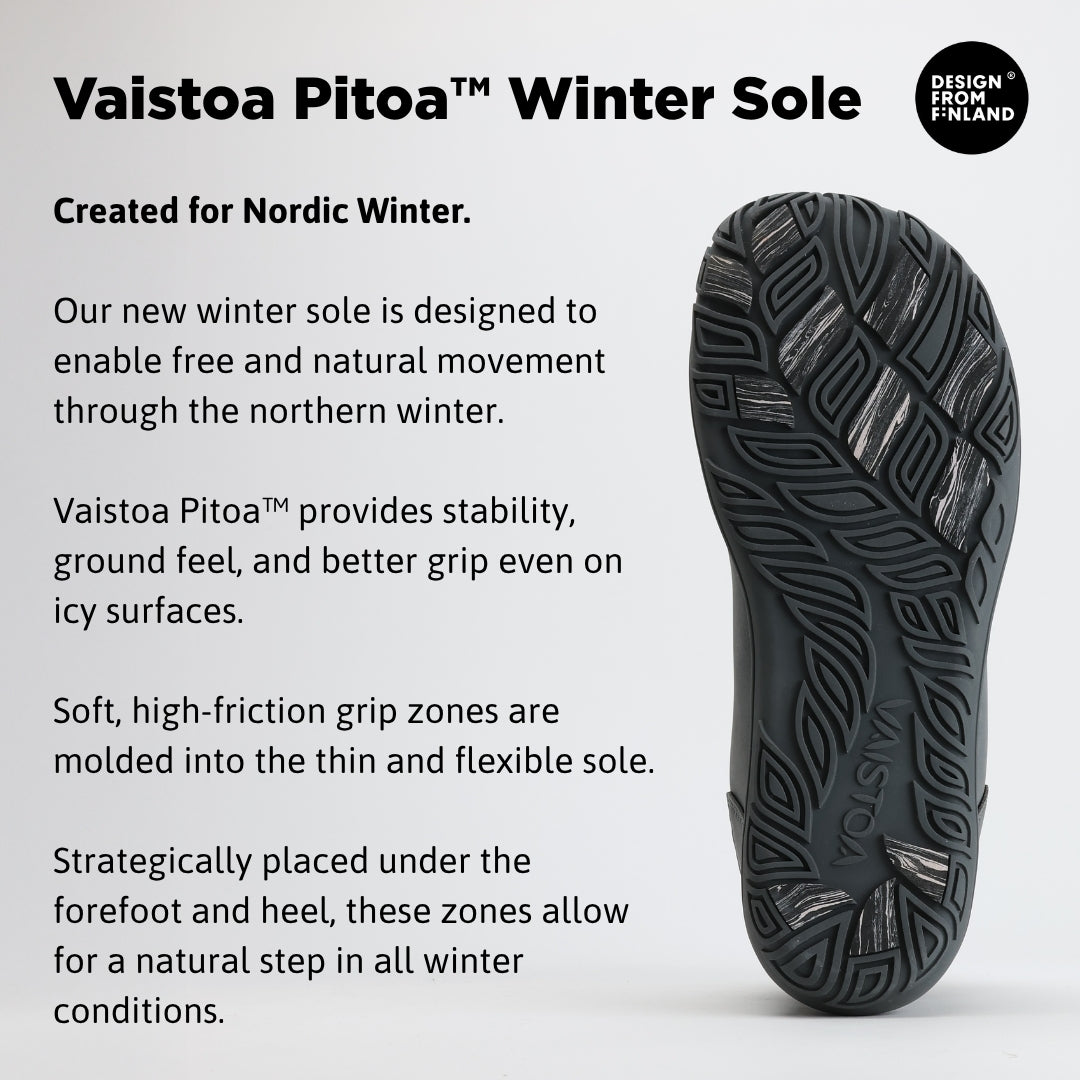 Infographic of frost gray barefoot hiking boots highlighting the Vaistoa Pitoa™ winter sole with grip zones for improved traction, flexibility, and stability on icy surfaces.