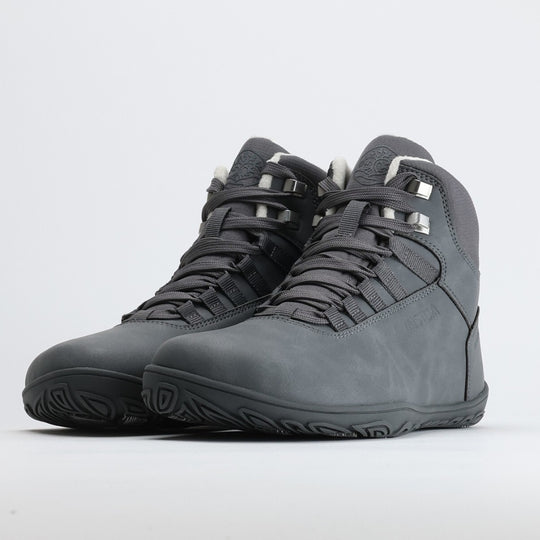 Pair of frost gray barefoot hiking boots shown from a front angle on a light gray background.