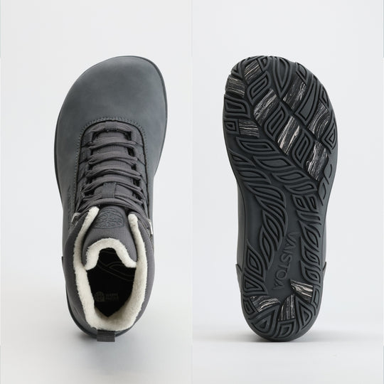 Frost gray barefoot hiking boot showing a wide anatomical toe box on a light gray background.