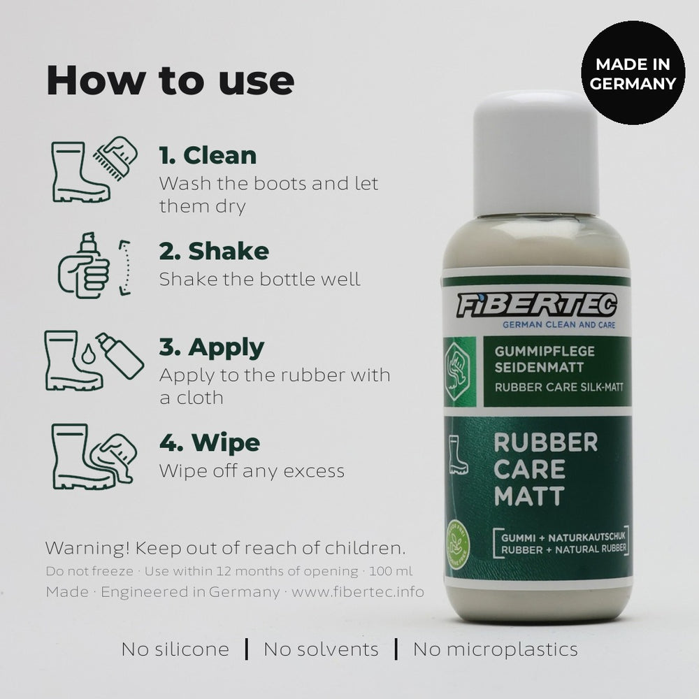 Usage guide infographic: rubber boot conditioner bottle and the four application steps from cleaning to wiping off