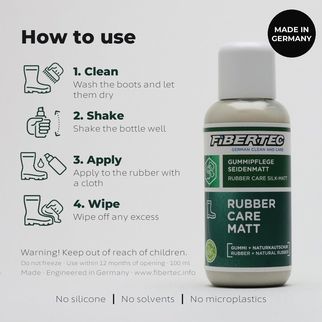 Usage guide infographic: rubber boot conditioner bottle and the four application steps from cleaning to wiping off