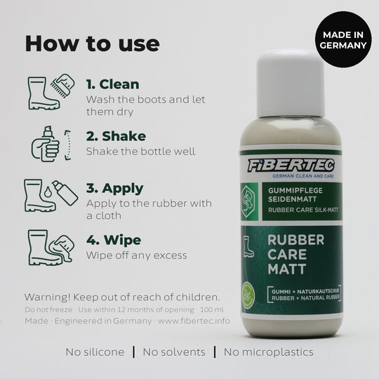 Usage guide infographic: rubber boot conditioner bottle and the four application steps from cleaning to wiping off