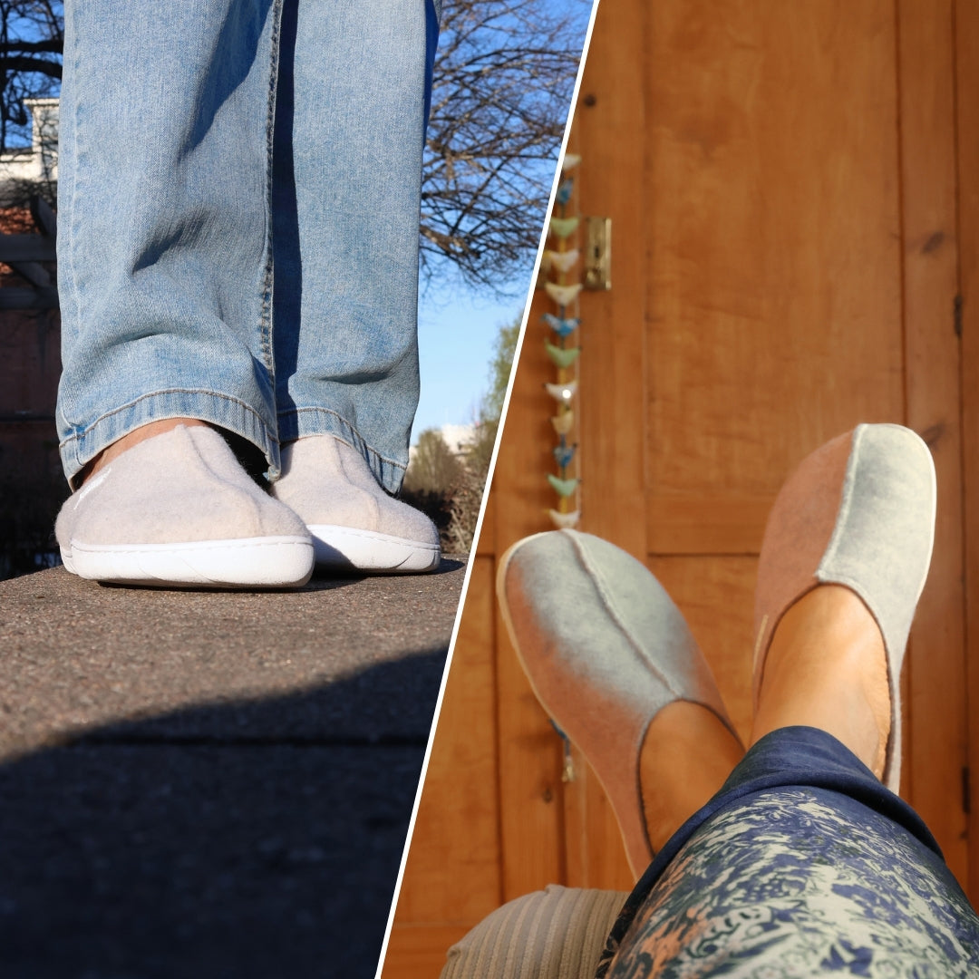 Vaistoa Toive felt barefoot slippers – vanilla grey felt slippers used outdoors on a stone edge and indoors while relaxing at home, highlighting versatile indoor and outdoor use