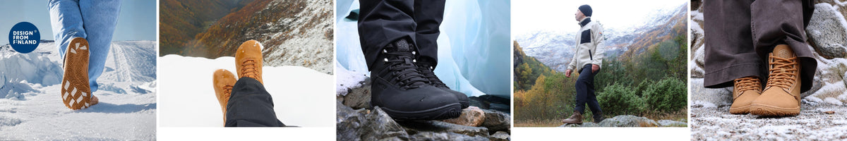 Vaistoa winter barefoot shoes on snow, ice and rocky winter trails, Design from Finland