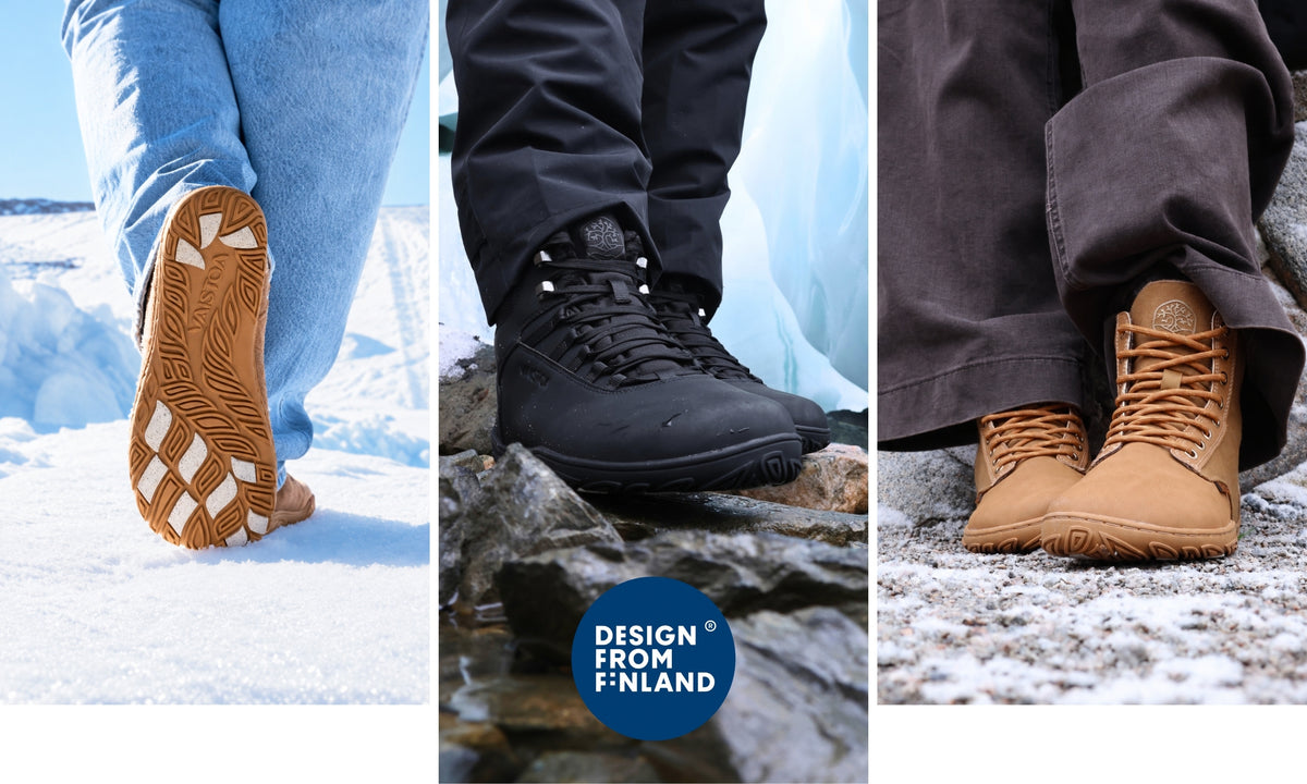 Vaistoa winter barefoot shoes on snow, ice and rocks, Design from Finland