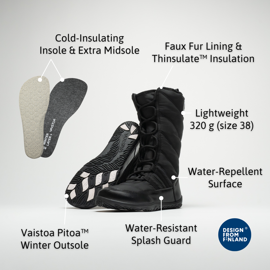 Vaistoa Hanki 3 barefoot winter snow boots, colour Black – feature infographic: faux fur lining and Thinsulate insulation, cold-insulating insole and extra midsole, lightweight (320 g, size 38), water-repellent surface, water-resistant splash guard and Vaistoa Pitoa winter outsole.