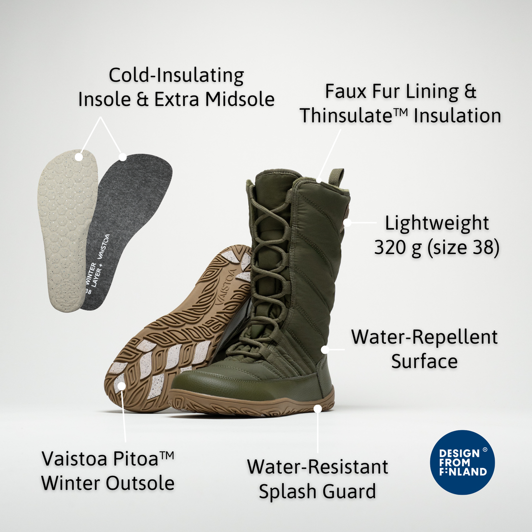 Vaistoa Hanki 3 barefoot winter snow boots, colour Olive green – feature infographic: faux fur lining and Thinsulate insulation, cold-insulating insole and extra midsole, lightweight (320 g, size 38), water-repellent surface, water-resistant splash guard and Vaistoa Pitoa winter outsole.