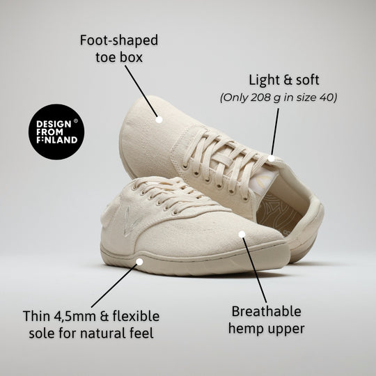 Vaistoa Huoleton barefoot hemp sneakers natural hemp, features: foot-shaped toe box, 208 g in size 40, breathable hemp upper and thin flexible 4.5 mm sole
