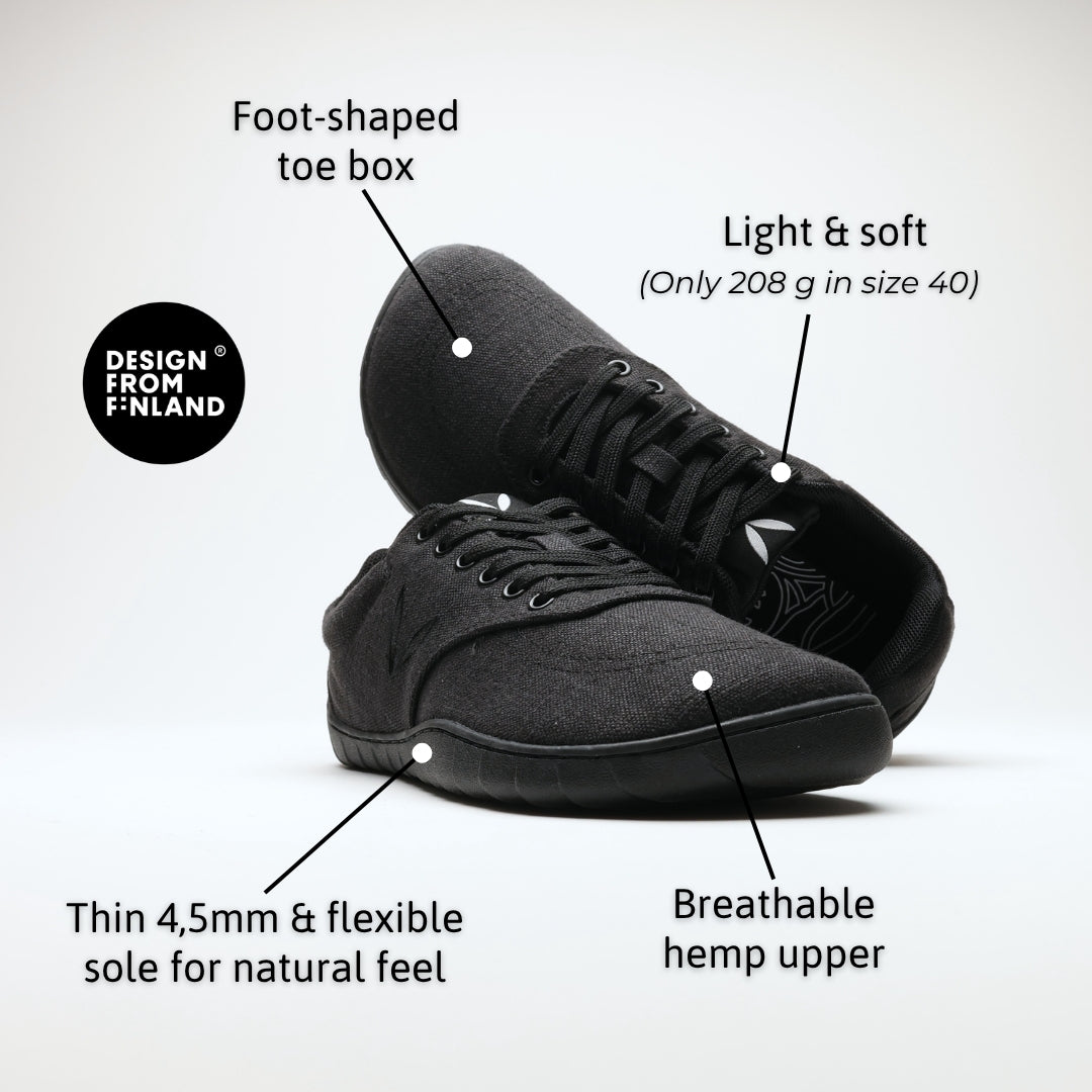 Vaistoa Huoleton barefoot hemp sneakers soft black, features: foot-shaped toe box, 208 g in size 40, breathable hemp upper and thin flexible 4.5 mm sole