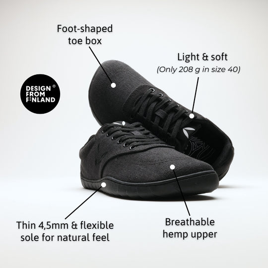 Vaistoa Huoleton barefoot hemp sneakers soft black, features: foot-shaped toe box, 208 g in size 40, breathable hemp upper and thin flexible 4.5 mm sole