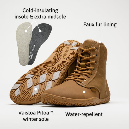 Vaistoa Hurmos 3 casual winter barefoot boots – infographic of the shoe's features: a pair and the removed insole and extra midsole. Labels: Cold-insulating insole & extra midsole · Faux fur lining · Vaistoa Pitoa™ winter sole · Water-repellent