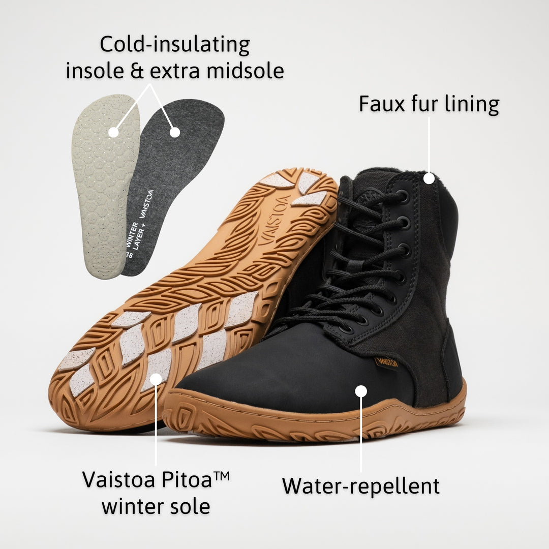 Vaistoa Hurmos 3 casual winter barefoot boots – infographic of the shoe's features: a pair and the removed insole and extra midsole. Labels: Cold-insulating insole & extra midsole · Faux fur lining · Vaistoa Pitoa™ winter sole · Water-repellent