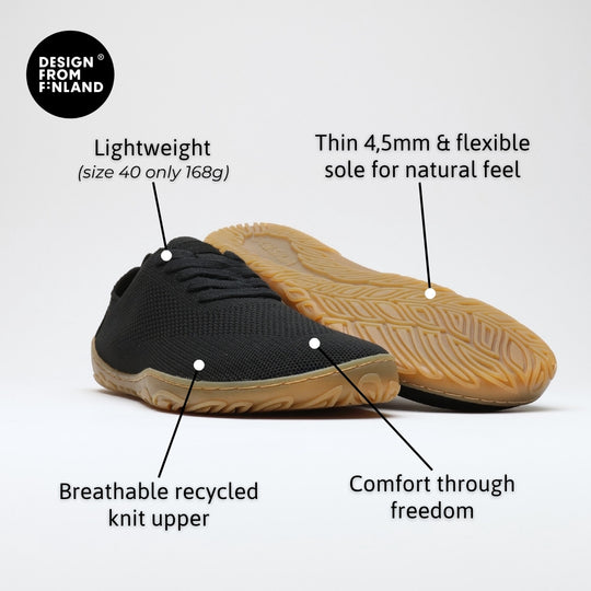 Vaistoa Iloa knitted barefoot sneakers – product infographic showing the shoe's main features with English feature text on a light background