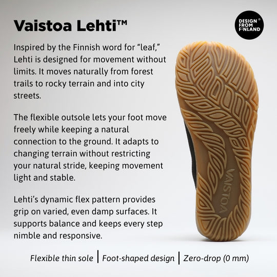 Vaistoa Iloa knitted barefoot sneakers – product infographic showing the Vaistoa Lehti outsole and English feature text on a light background