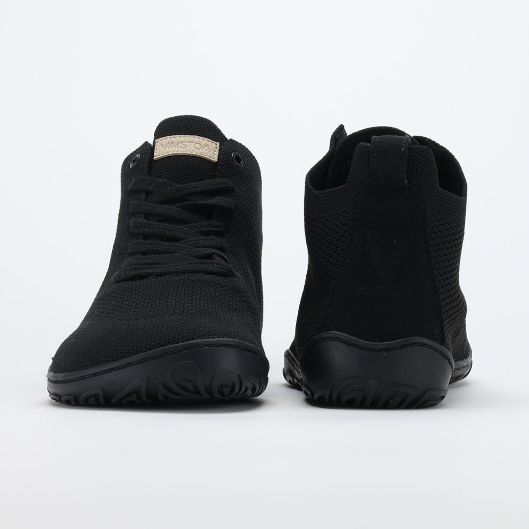 vaistoa iloa mid barefoot shoes knitted high top sneakers black front and back view