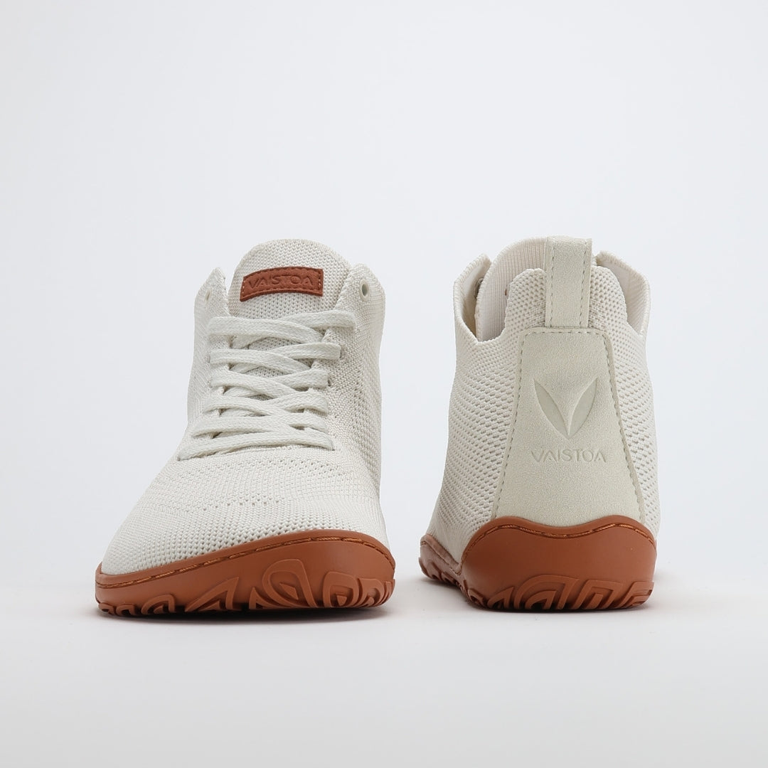vaistoa iloa mid barefoot shoes knitted high top sneakers natural white terracotta front and back view