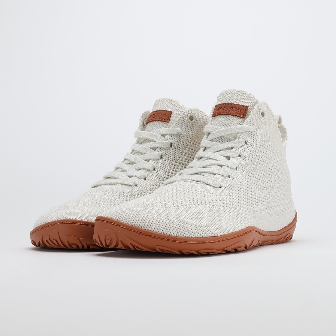 vaistoa iloa mid barefoot shoes knitted high top sneakers natural white terracotta front angle pair