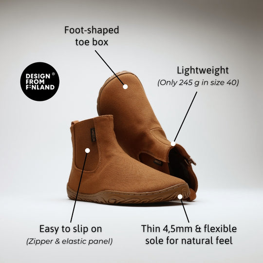 Vaistoa Kajo 2 barefoot Chelsea boots – almond brown pair, features: foot-shaped toe box, only 245 g in size 40, zipper and elastic panel for easy entry, and a thin flexible 4.5 mm sole