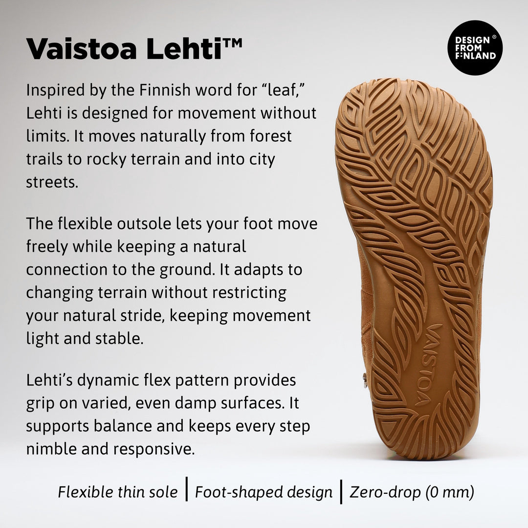 Vaistoa Kajo 2 barefoot chelsea boots – almond brown product infographic showing the Vaistoa Lehti outsole and English feature text against a light background