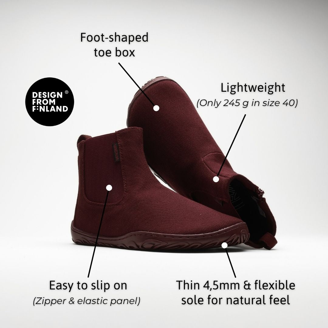 Vaistoa Kajo 2 barefoot Chelsea boots – burgundy pair, features: foot-shaped toe box, only 245 g in size 40, zipper and elastic panel for easy entry, and a thin flexible 4.5 mm sole